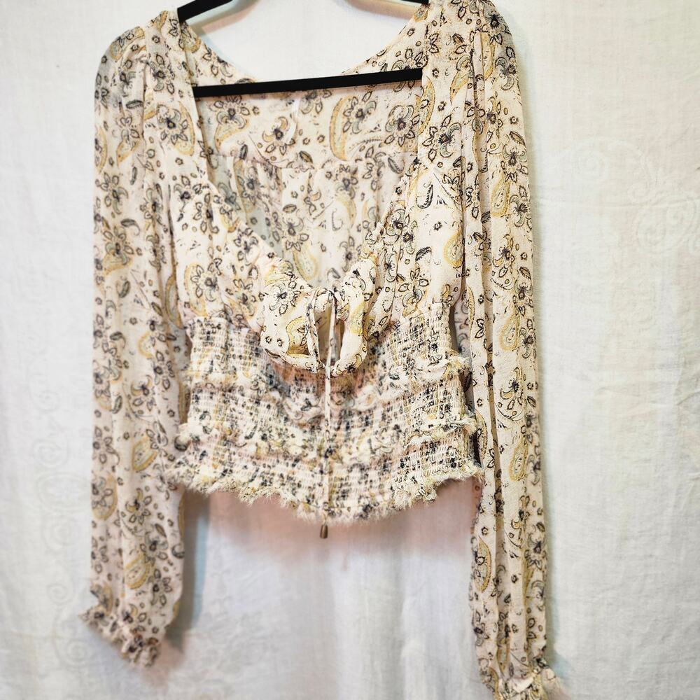 Free People Sz Large Cream Floral Detailed Fairycore Peasant top